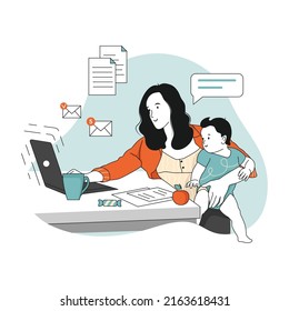 Young Mother with child working on the laptop from home. Female Freelance Worker with child at workplace. Online job, motherhood concept. Hand drawn style, vector illustration.