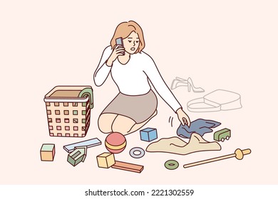 Young mother cleaning children room talking on cellphone. Mom tidy kids clothes on floor speaking on phone. Vector illustration. 