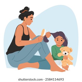 Young mother combing daughter hair during preparation to kindergarten in morning cartoon scene. Happy parent and kid characters enjoying fun time together feeling love and bonding vector illustration