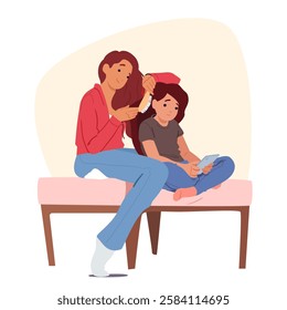 Young mother combing hair of her preteen daughter while girl watching mobile tablet cartoon scene. Lovely relationships between mom and kid, care and communication routine vector illustration