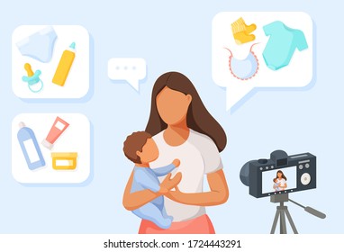 Young mother creating blogging at home. Work from home concept. Video blogging. Vector illustration. 