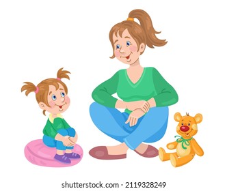 Young mother and cute daughter in similar clothes are sitting and talking.  In cartoon style. Isolated on white background. Vector illustration