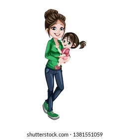 Young Mother and Cute Little Daughter in Her Arms Vector Illustration. Beautiful Woman Wearing Green T-shirt and Jeans and Holding Baby Girl Cartoon Illustration