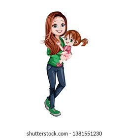 Young Mother and Cute Little Daughter in Her Arms Vector Illustration. Beautiful Woman Wearing Green T-shirt and Jeans and Holding Baby Girl Cartoon Illustration
