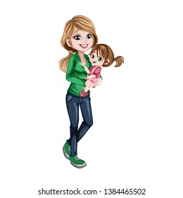 Young Mother and Cute Little Daughter in Her Arms Vector Illustration. Beautiful Woman Wearing Green T-shirt and Jeans and Holding Baby Girl Cartoon Illustration