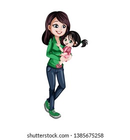 Young Mother and Cute Little Daughter in Her Arms Vector Illustration. Beautiful Woman Wearing Green T-shirt and Jeans and Holding Baby Girl Cartoon Illustration