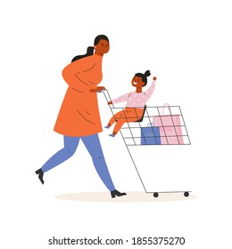 Madre joven con una hija en un carrito haciendo compras en un mercado. Mujer con un niño divirtiéndose. Moderno concepto de tiendas y compras. Ilustración vectorial de estilo plano aislada en fondo blanco.