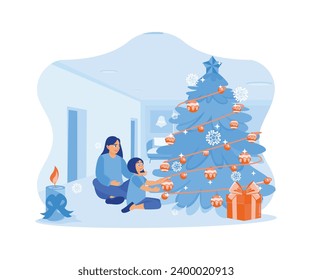 Young mother and daughter decorate the fir tree on Christmas Eve. I am putting gift boxes under the Christmas tree. Christmas Eve concept. Trend Modern vector flat illustration
