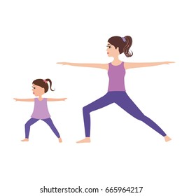 Young Mother and daughter doing yoga together.Mom and baby yoga vector illustration.Happy family yoga. Isolated on white background.