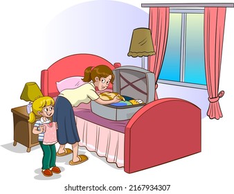 A young mother and daughter are packing a suitcase and thinking about what to take with them on the road. Packing things for a trip. Clothes are next to the suitcase.vector illustration.