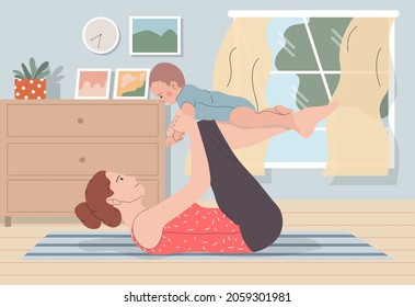 young mother doing yoga exercise routine with baby in the living room at home vector illustration. used for social media image, website image and other