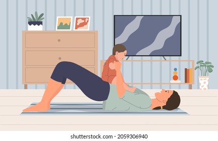 a young mother is doing yoga with her baby in the living room at home vector illustration. used for website, social media, landing page image