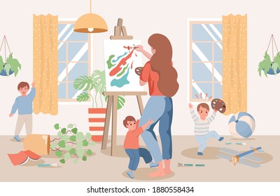 Young Mother Drawing Abstract Picture, Children Naughty And Demanding Attention Vector Flat Illustration. Messy Living Room Interior Design With Domestic Plants In Pots. Mother Of Three Kids Drawing.