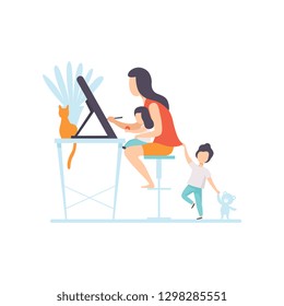 Young Mother Drawing Sketch on Tablet Screen, Woman Working at Home, Freelancer, Parent Working with Her Two Little Children, Mommy Businesswoman Vector Illustration