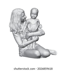 Young mother in a dress sits with a baby in her arms isolated on a white background. Front view. 3D. Vector illustration