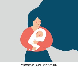 Young mother embraces her new born baby with love. Young mom holds her child with care. single mom hugs her boy. Concept of positive parenting, motherhood and international mother's day. Vector stock