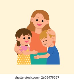 Young mother embracing her children together illustration