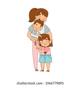 Young Mother Embracing Her Kids as Family Relations Vector Illustration