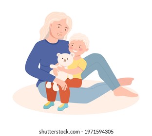 Young Mother Embracing Her Little Son Holding Teddy Bear Vector Illustration