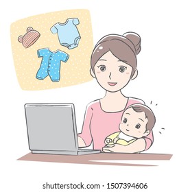 Young mother enjoying online shopping.   Vector illustration.