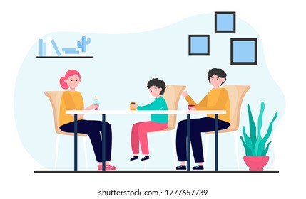 Young mother, father and child sitting at table together. Son, coffee, tea flat vector illustration. Family and parenthood concept for banner, website design or landing web page