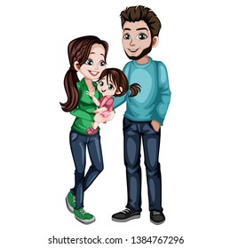 Young Mother, Father and Cute Little Daughter in Mom's Arms Vector Illustration. Beautiful Woman and her Husband with Their Baby Girl. Happy Parents. Young Family Cartoon Illustration