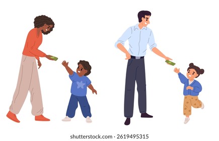 Mãe e pai jovens dão dinheiro de bolso aos filhos. Literacia financeira. Os pais apoiam o menino e a menina. Ganhos e economias para crianças. Filho e filha recebem notas