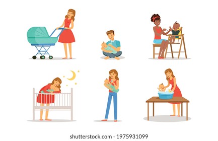 Young Mother and Father Nursing Their Little Baby Bottle Feeding and Bathing Vector Set