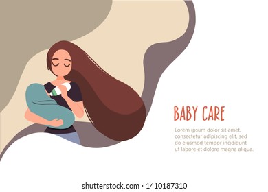 Young mother feeding her baby. Baby care banner in flat linear style
