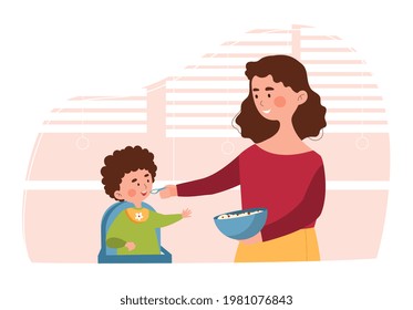 Young mother is feeding her little son in high chair in the kitchen. Mom is feeding from a bowl in her hands as the child reaches for the food. Concept of motherhood. Flat cartoon vector illustration