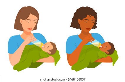 A young mother feeds a baby from a feeding bottle. A woman and a child looking at each other, smiling. Cute baby eating.