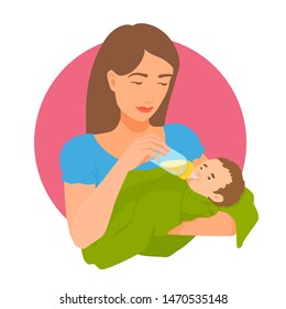 A young mother feeds a baby from a feeding bottle. A woman and a child looking at each other, smiling. Parenthood illustration. Cute baby eating.