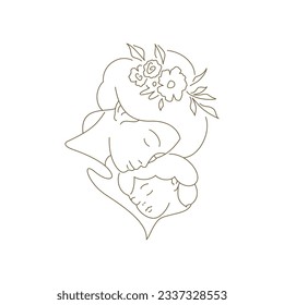 Young mother with flower hairstyle hugging little baby daughter continuous line art logo vector illustration. Happy family mommy embracing kid child minimalist contemporary icon Mother's Day