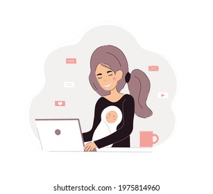 Young mother freelancer work at home with child. Vector flat illustration