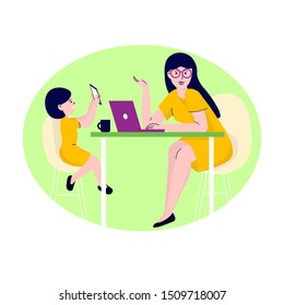 Young mother freelancer works at home at the laptop. Daughter play game on the phone. Maternity and career. Flat vector modern illustration. 