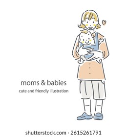 A young mother going out with her baby - Stylish and cute line drawing illustration