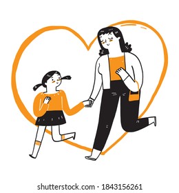 The young mother happily walked hand in hand with the lovely daughter, Orange large heart shape background, solid black stripes, doodle style.