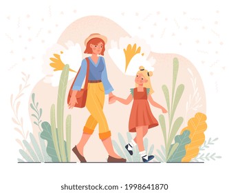 The young mother happily walked hand in hand with her lovely daughter. Flat cartoon vector illustration design