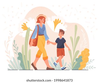 The young mother happily walked hand in hand with her lovely son. Flat cartoon vector illustration