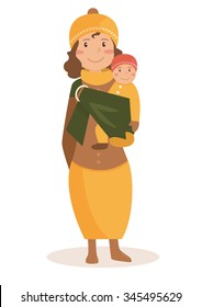 Young mother. Happy family on winter walk. Vector isolated illustration. Cartoon character. Sling for baby