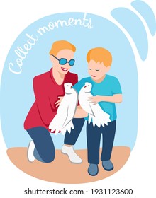 Young mother happy spending time with her child. Script collect moments. They hold the doves and smiling together, vecor illustration, concept