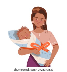 Young Mother with Her Adorable Baby in Newborn Wrap Vector Illustration