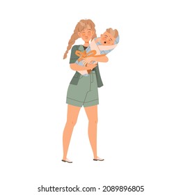 Young Mother with Her Adorable Baby in Newborn Wrap Vector Illustration