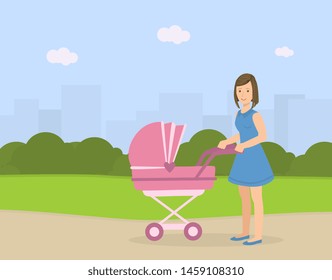 Young Mother with Her Baby in Stroller Walking Outdoors, Woman Pushing Pram with Newborn Baby on Summer Landscape Vector Illustration