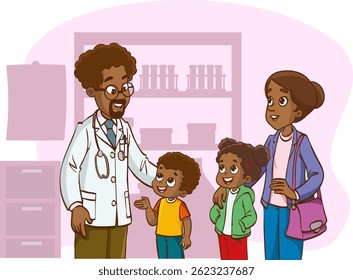 Young mother with her young children meets with her family doctor and asks for a consultation