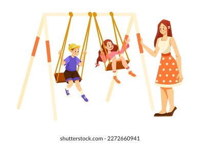 Young Mother with Her Children Swinging on Playground Vector Illustration