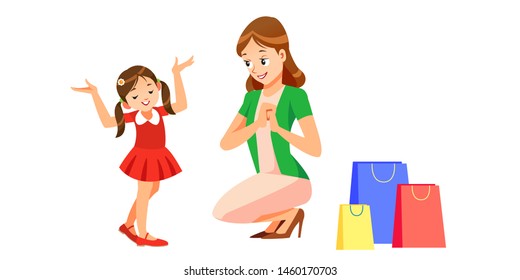 Young mother and her daughter doing shopping together. Concept motherhood child-rearing. Mother's day holiday concept. Isolated vector illustration in cartoon style