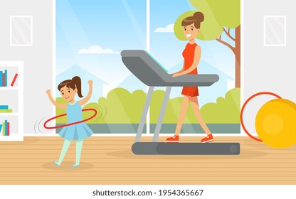 Young Mother and Her Daughter Doing Physical Exercise on Treadmill and with Hula Hoop Vector Illustration