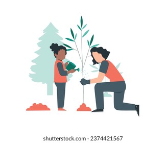 Madre joven y su hija plantando un árbol en el jardín. Ilustración vectorial plana para el diseño conceptual de prácticas sostenibles y respetuosas con el medio ambiente. 