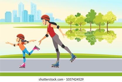 A young mother with her daughter riding on rollers in the Park on the shore of the lake in the city. Concept motherhood child-rearing. Vector illustration